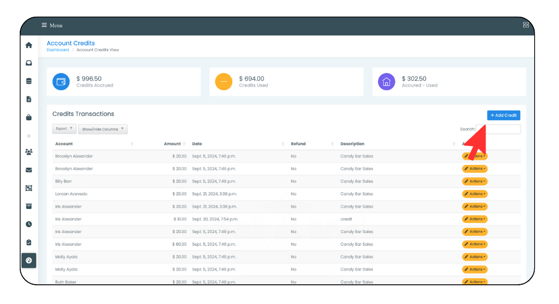 The Account Credits page showing Credits Accrued, Credits Used and Accrued - Used totals above a Credits Transactions table, with the Add Credit button top right