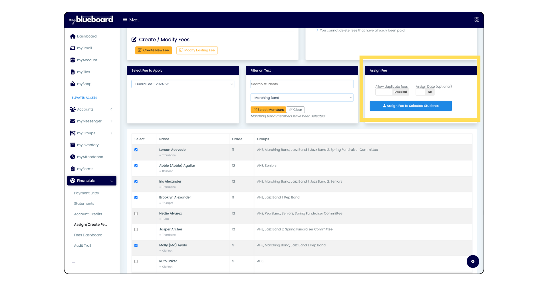The Assign/Create Fees page showing Select Fee to Apply, Filter on Text with a group selected, the Assign Fee panel, and the student list with several checked