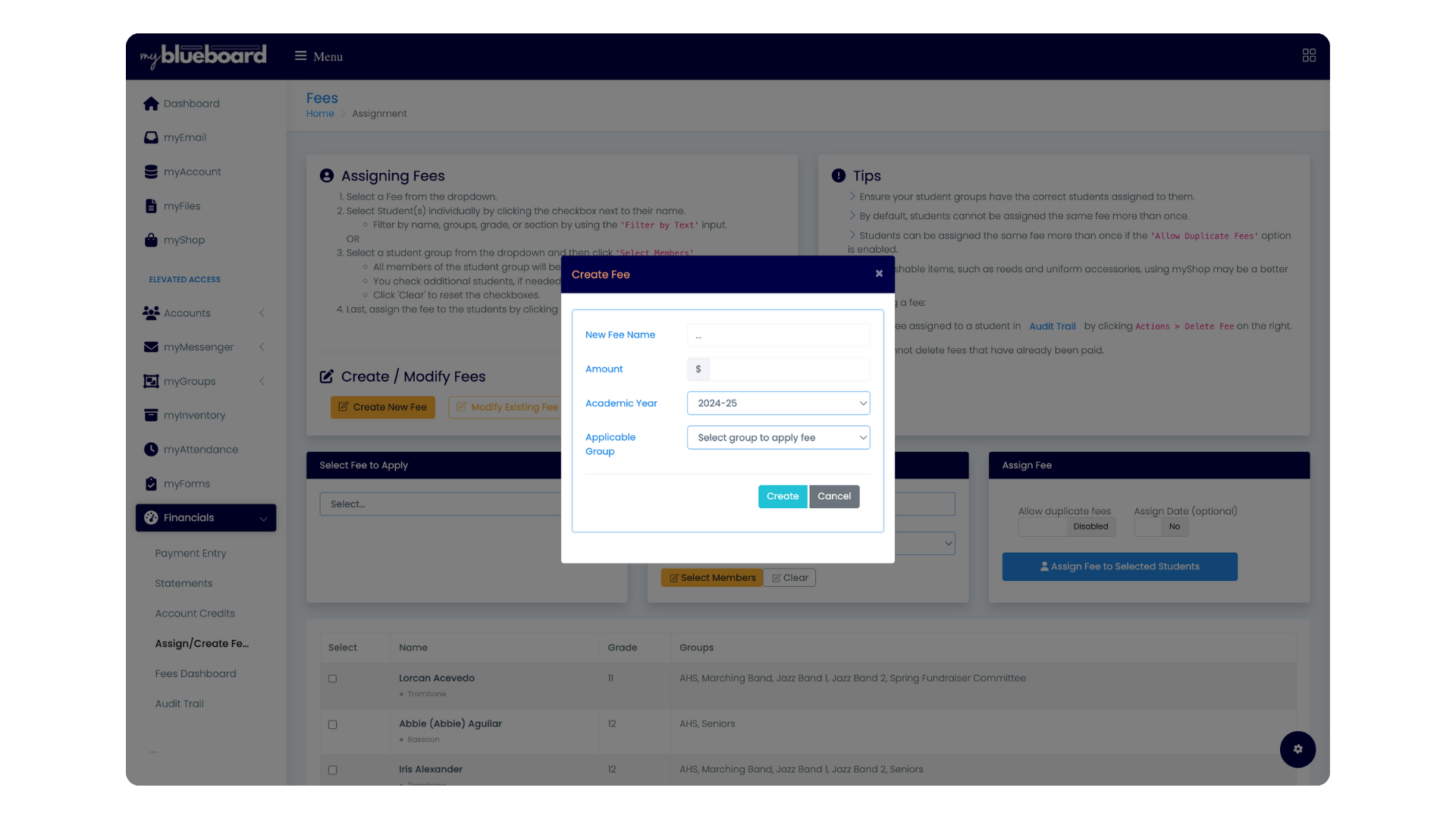 The Create Fee dialog with New Fee Name, Amount, Academic Year and Applicable Group fields, over the Assign/Create Fees page