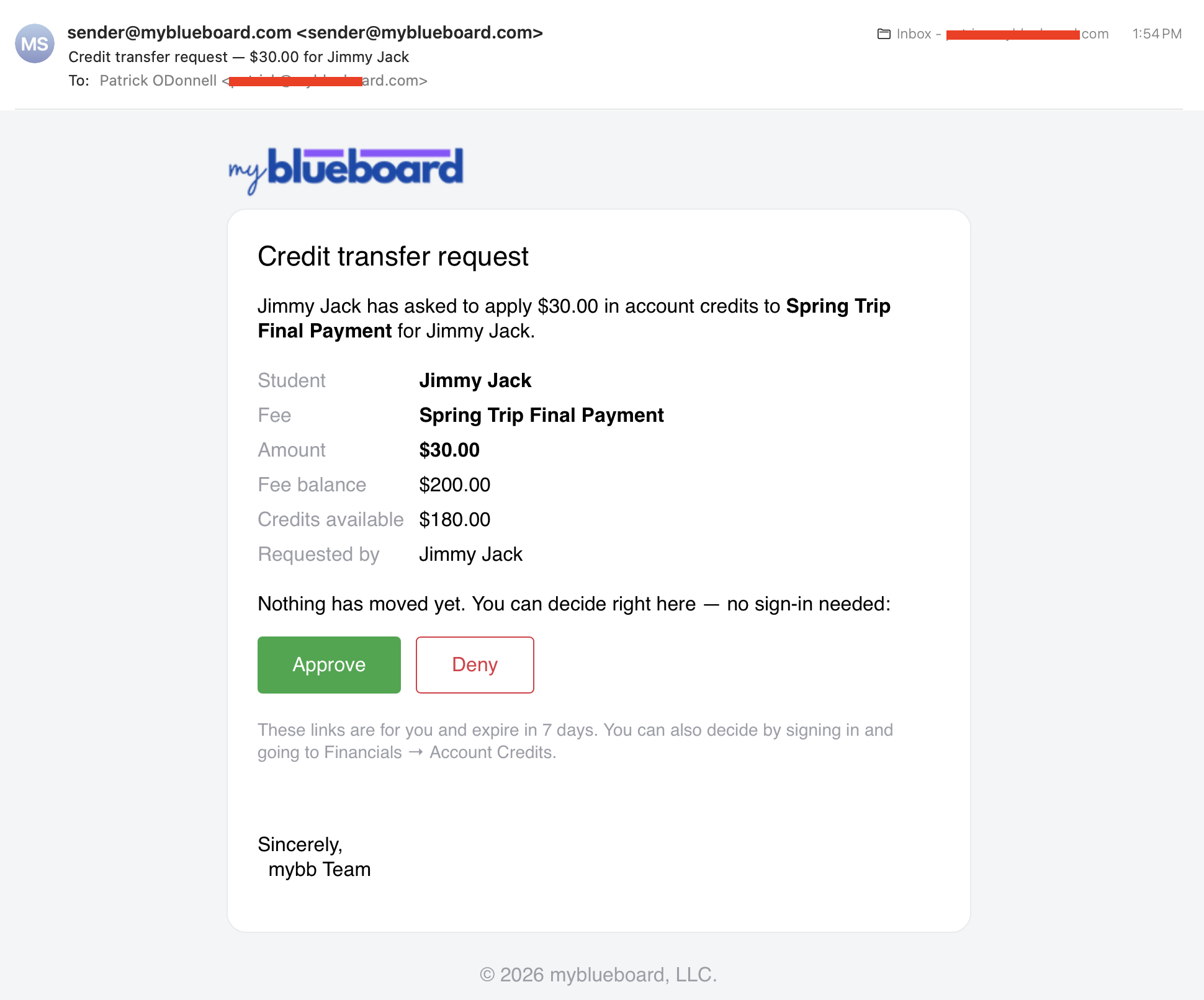 A credit transfer request email listing the student, fee, amount, fee balance, credits available and who requested it, with green Approve and outlined Deny buttons
