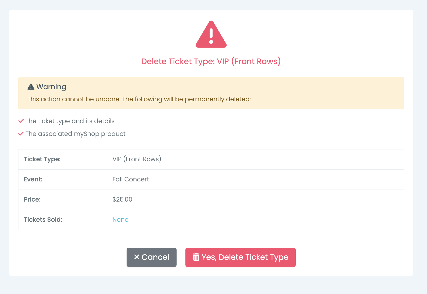 The Delete Ticket Type confirmation warning that the ticket type and the associated myShop product will be permanently deleted, with a table showing Ticket Type, Event, Price and Tickets Sold: None