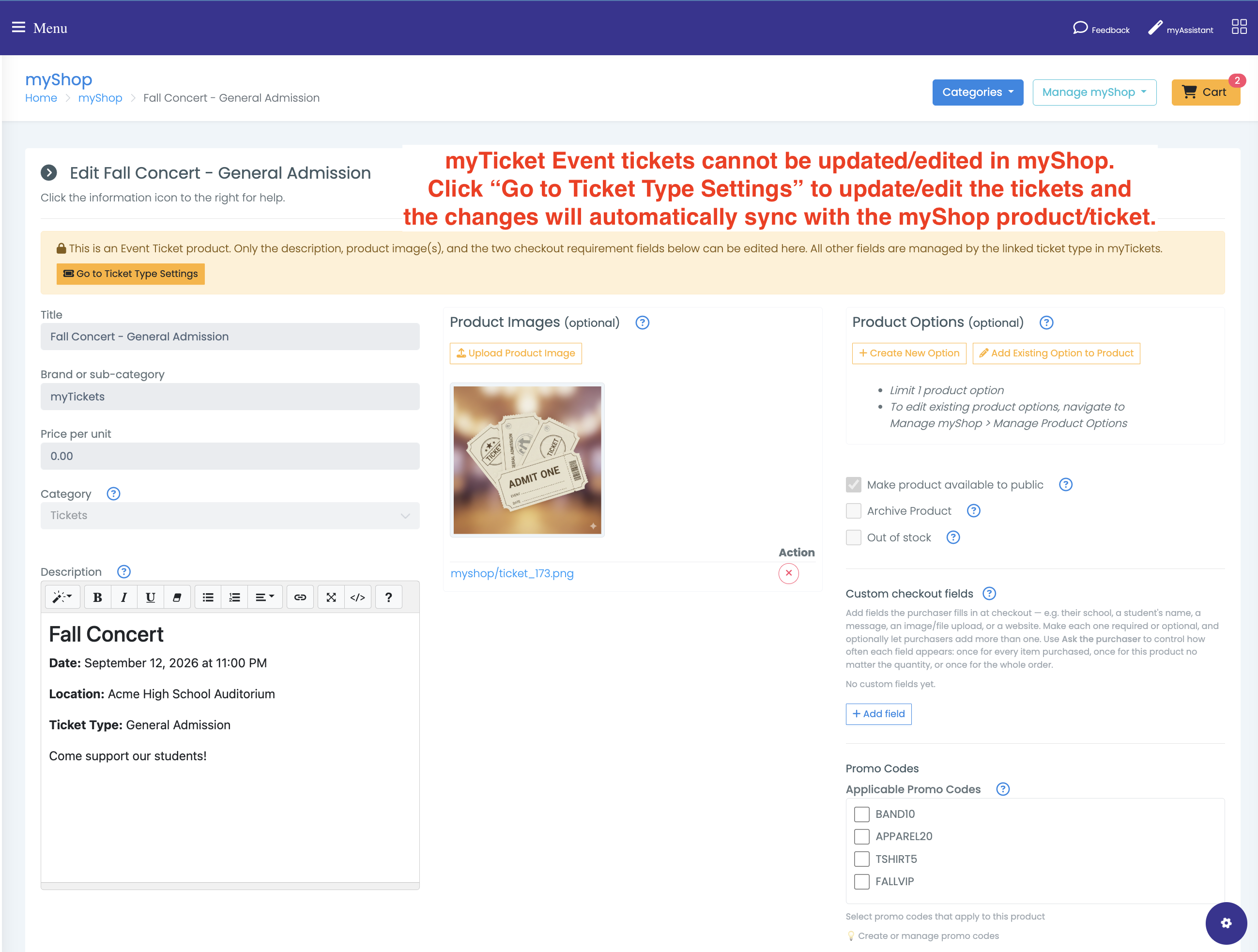 The myShop Edit Product page for a ticket product, with a locked-field banner and a Go to Ticket Type Settings button, and the Title, Brand, Price per unit and Category fields greyed out