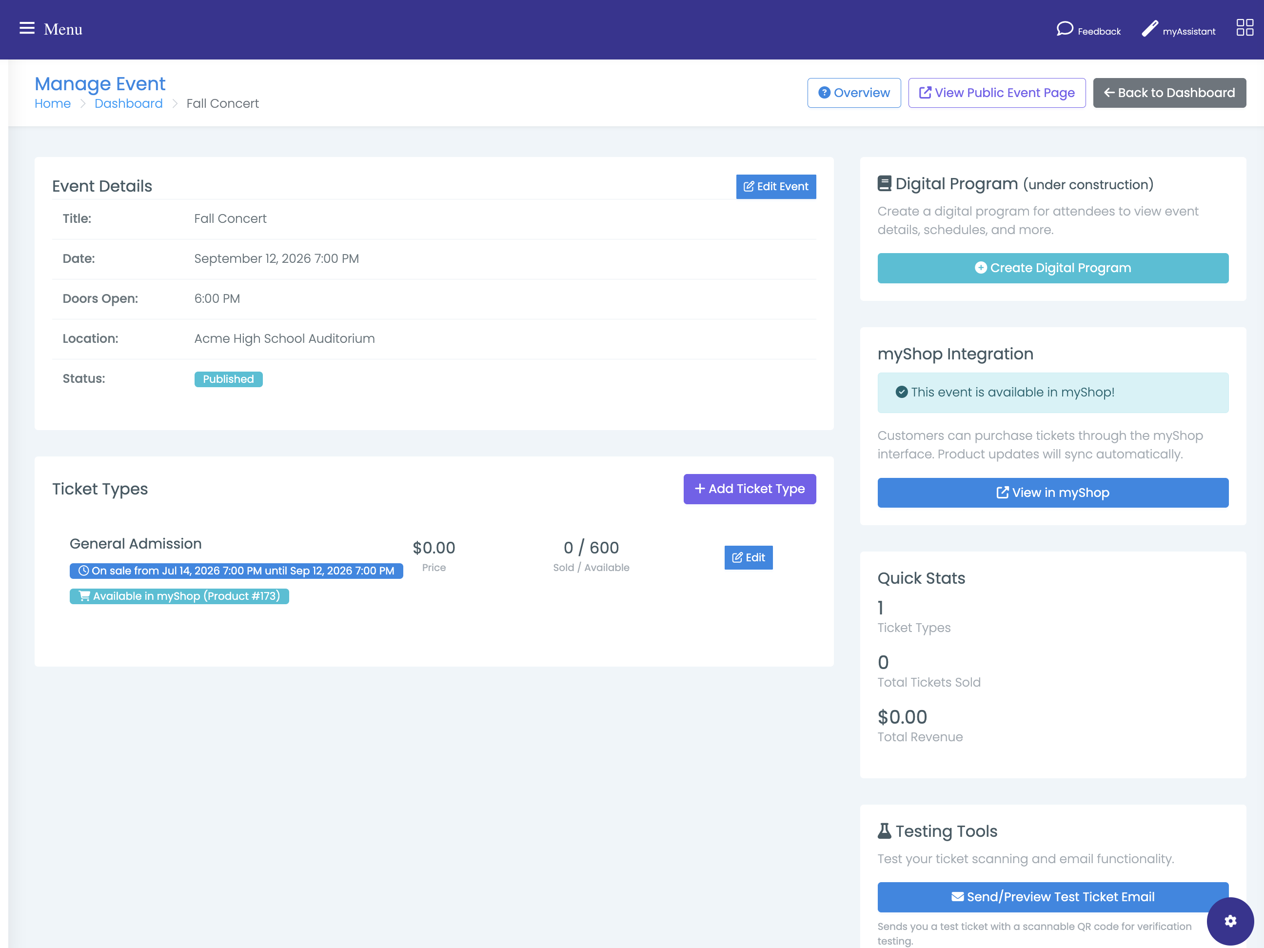 The Manage Event page for Fall Concert, with Event Details and Ticket Types on the left and Digital Program, myShop Integration, Quick Stats and Testing Tools panels on the right