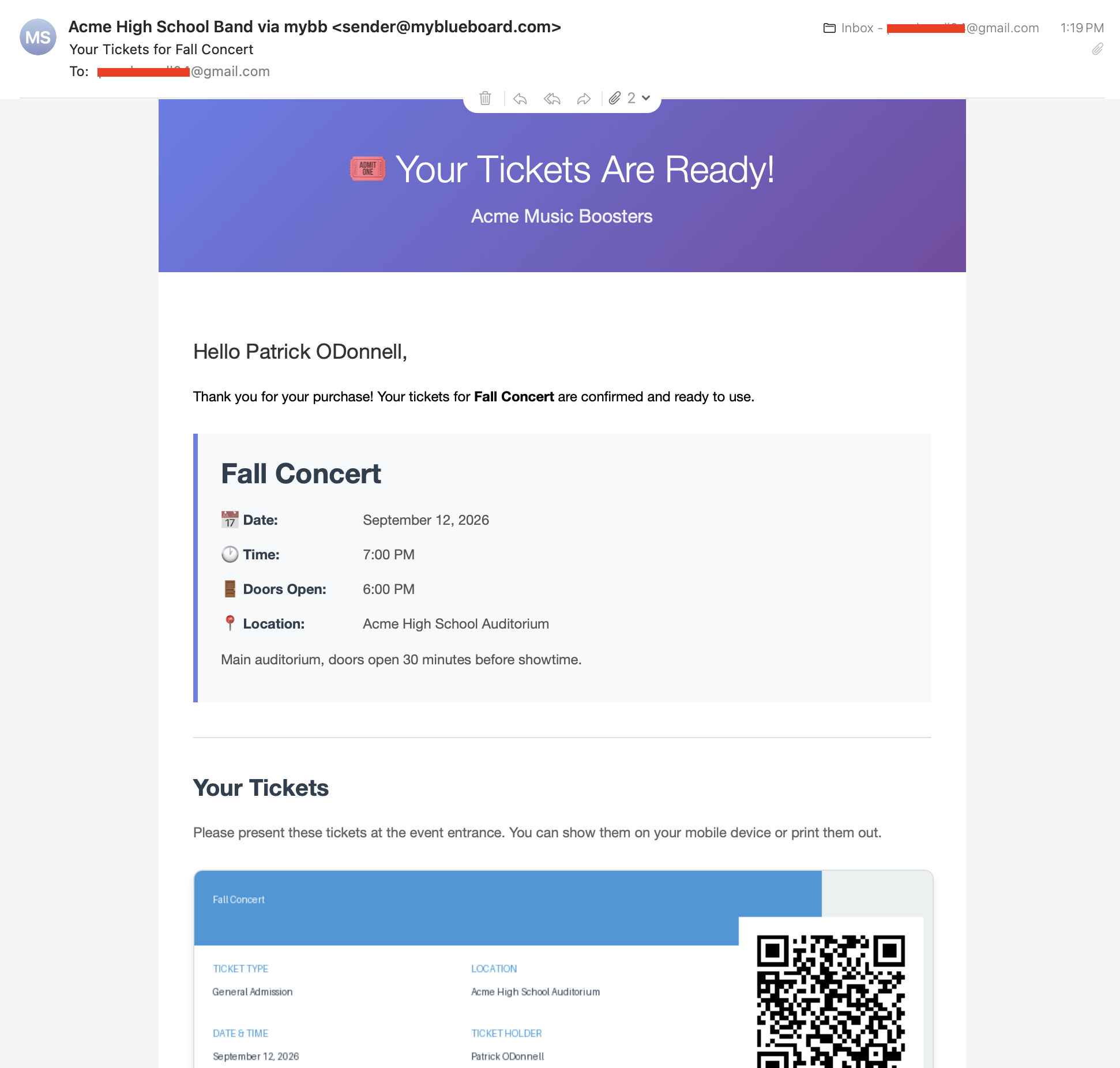 The ticket email headed "Your Tickets Are Ready!" with the organization name, a greeting, and a Fall Concert panel listing Date, Time, Doors Open and Location