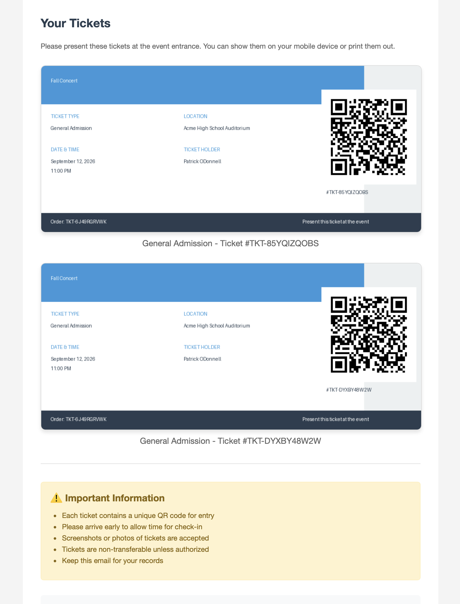 The Your Tickets section of the email showing two tickets, each with ticket type, location, date, holder name, a QR code and a ticket number, above an Important Information panel