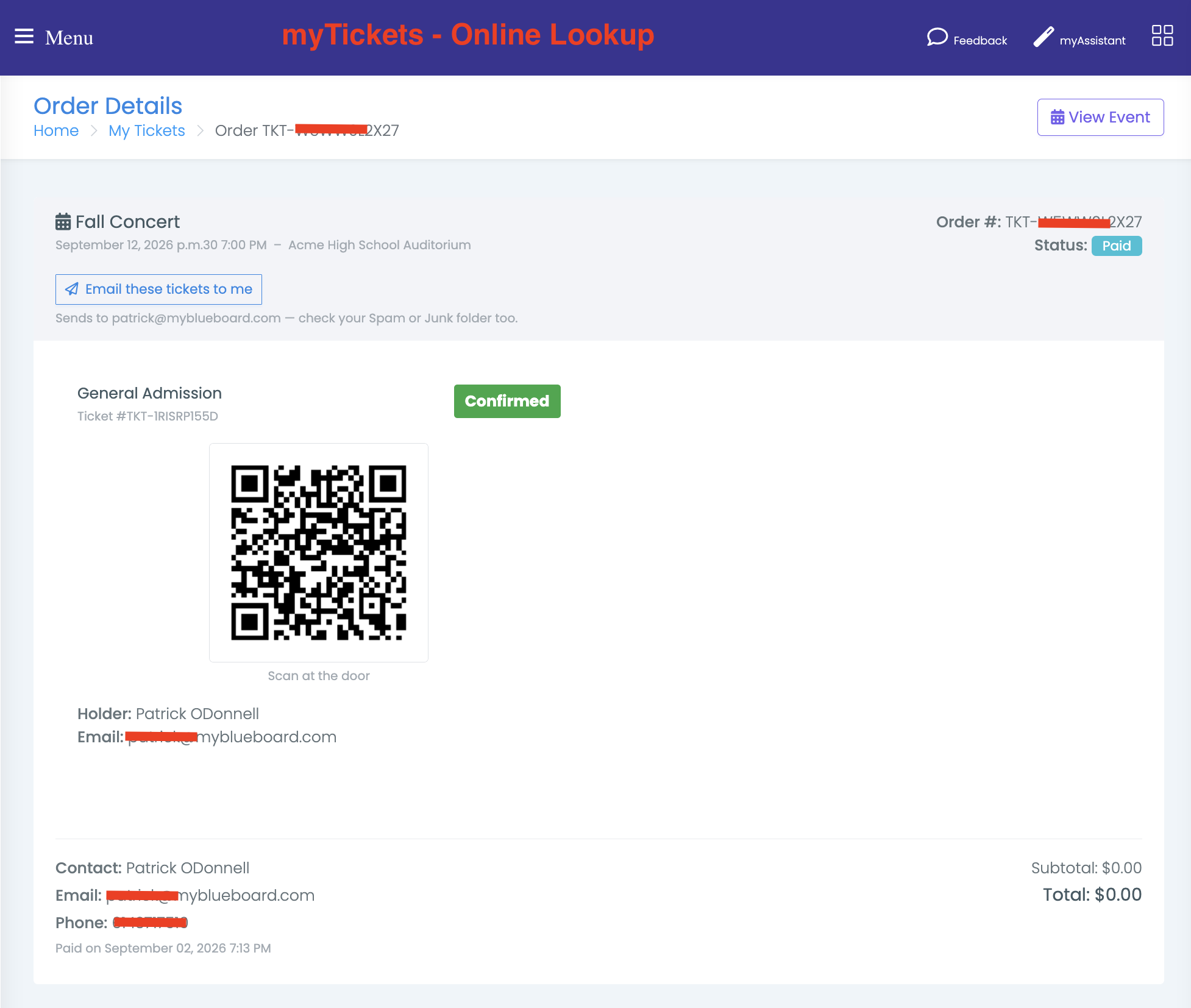 An order details page for Fall Concert showing status Paid, an "Email these tickets to me" button, and a General Admission ticket marked Confirmed with a QR code captioned "Scan at the door"