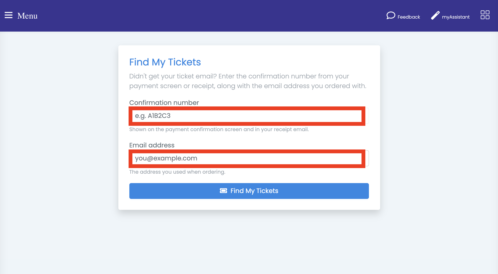The Find My Tickets page with a Confirmation number field showing the example A1B2C3, an Email address field showing you@example.com, and a Find My Tickets button