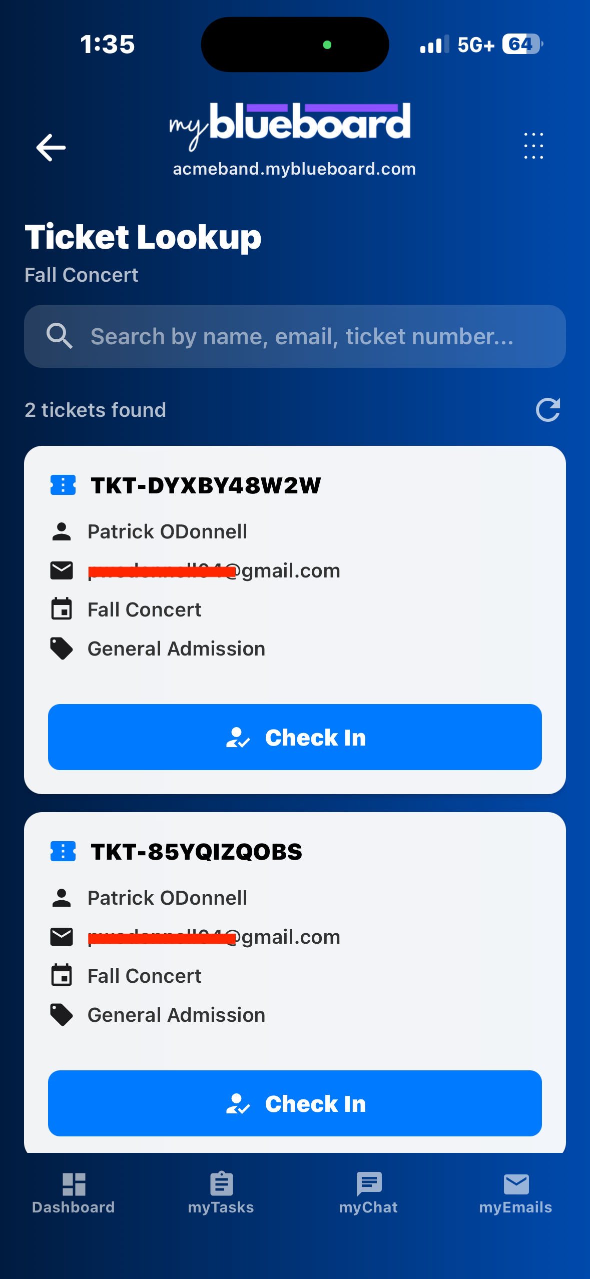 The Ticket Lookup screen for Fall Concert with a search box, "2 tickets found", and two ticket cards each showing holder name, email, event, ticket type and a Check In button