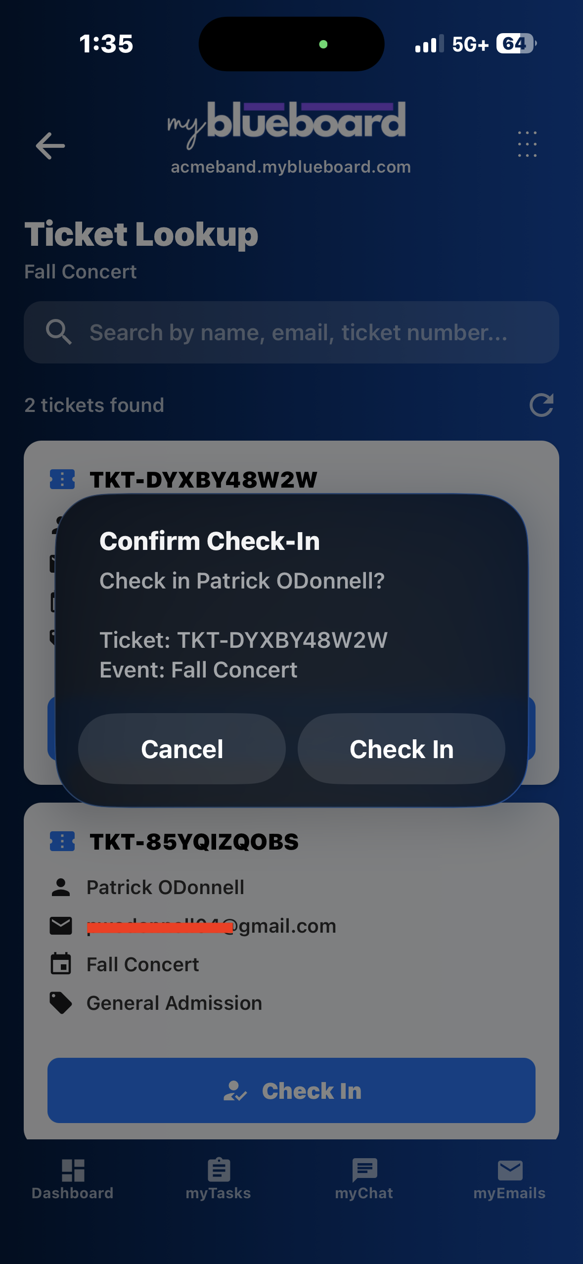 A Confirm Check-In dialog asking "Check in Patrick ODonnell?" with the ticket number and event, and Cancel and Check In buttons