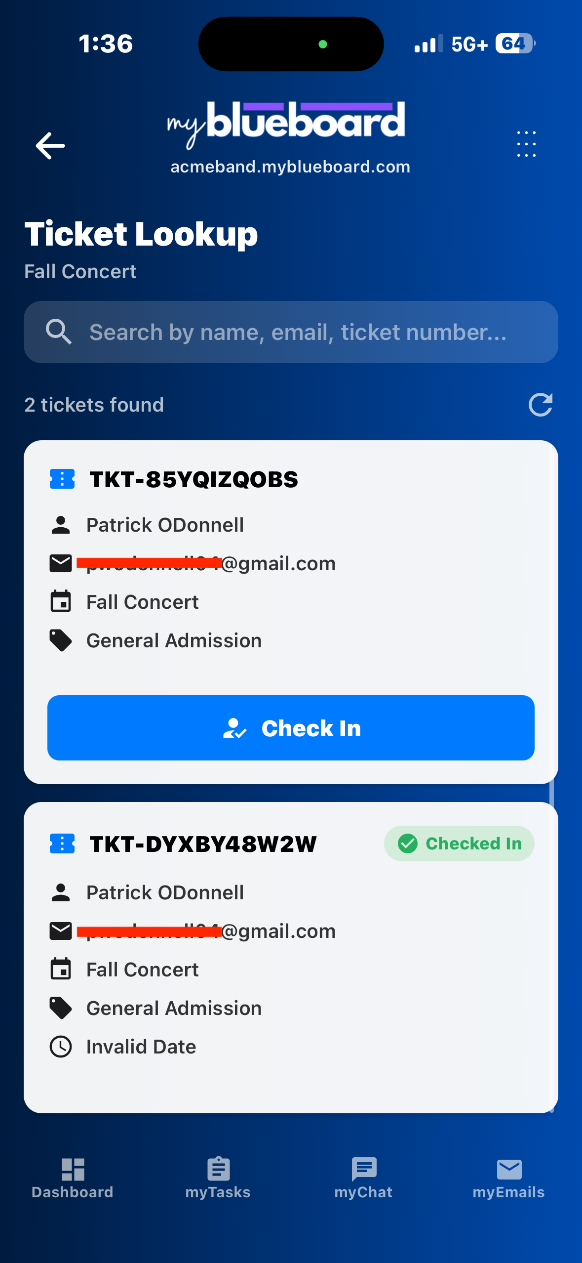 The ticket lookup list with one ticket offering a Check In button and the other marked with a green Checked In badge