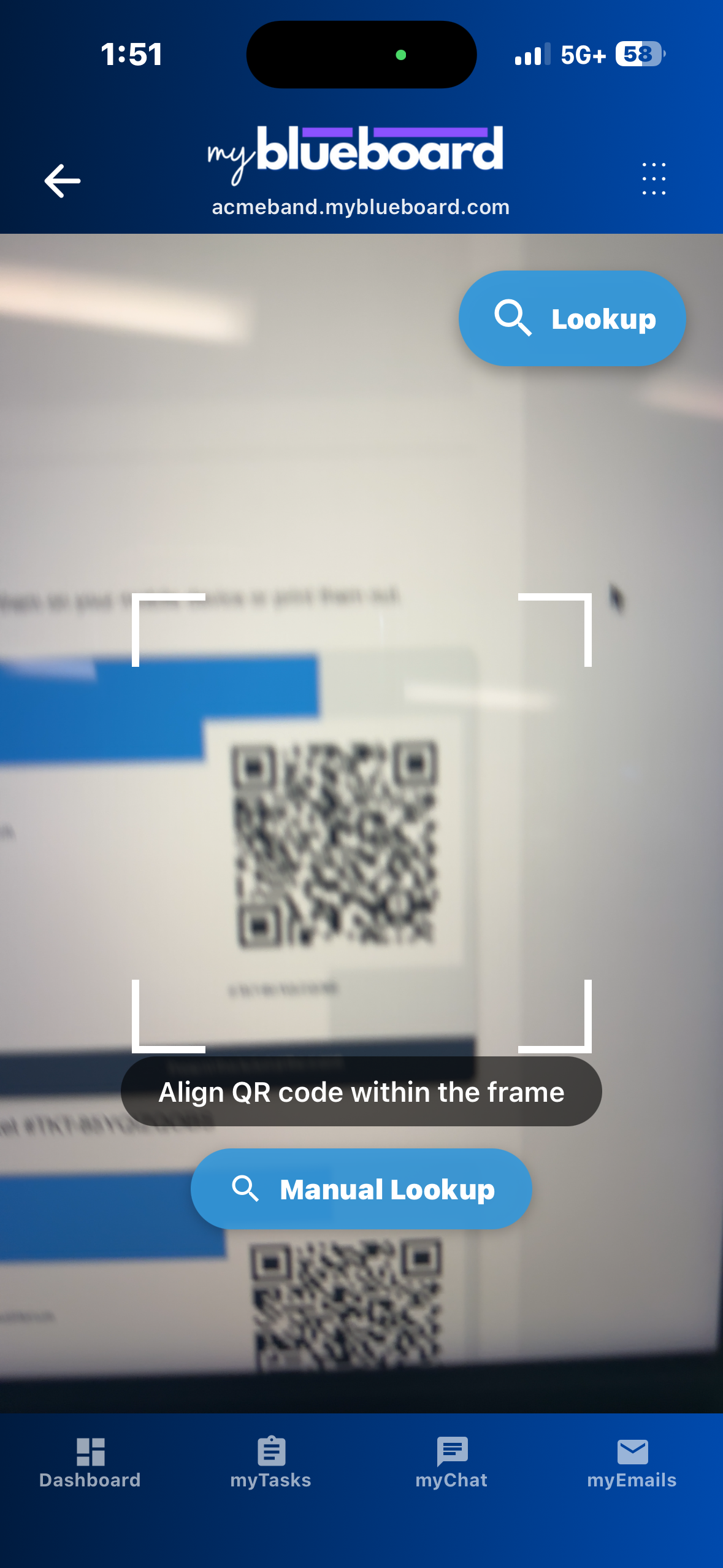 The scanner camera view with a QR code inside an alignment frame, the caption "Align QR code within the frame", and a Manual Lookup button