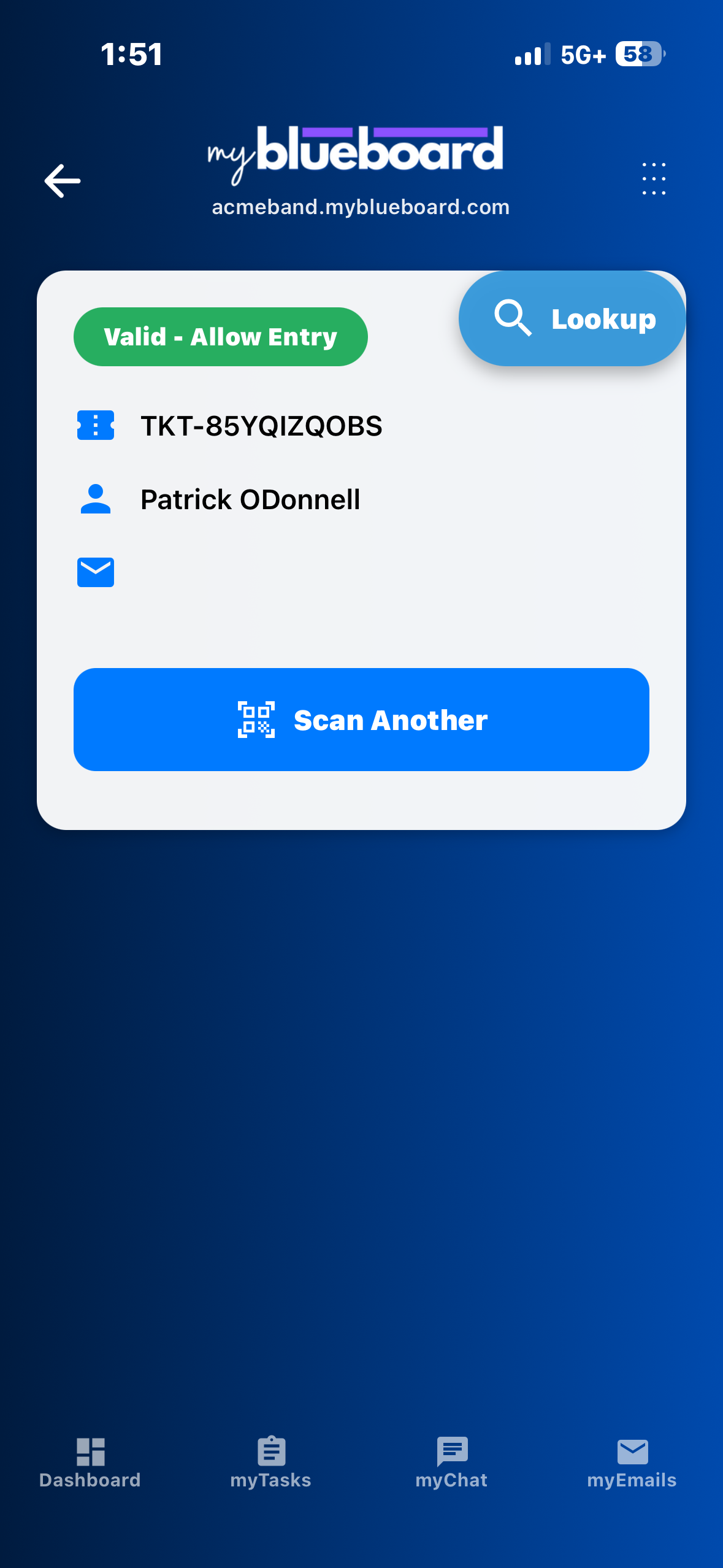 A scan result showing a green "Valid - Allow Entry" badge, the ticket number, the holder name and a Scan Another button