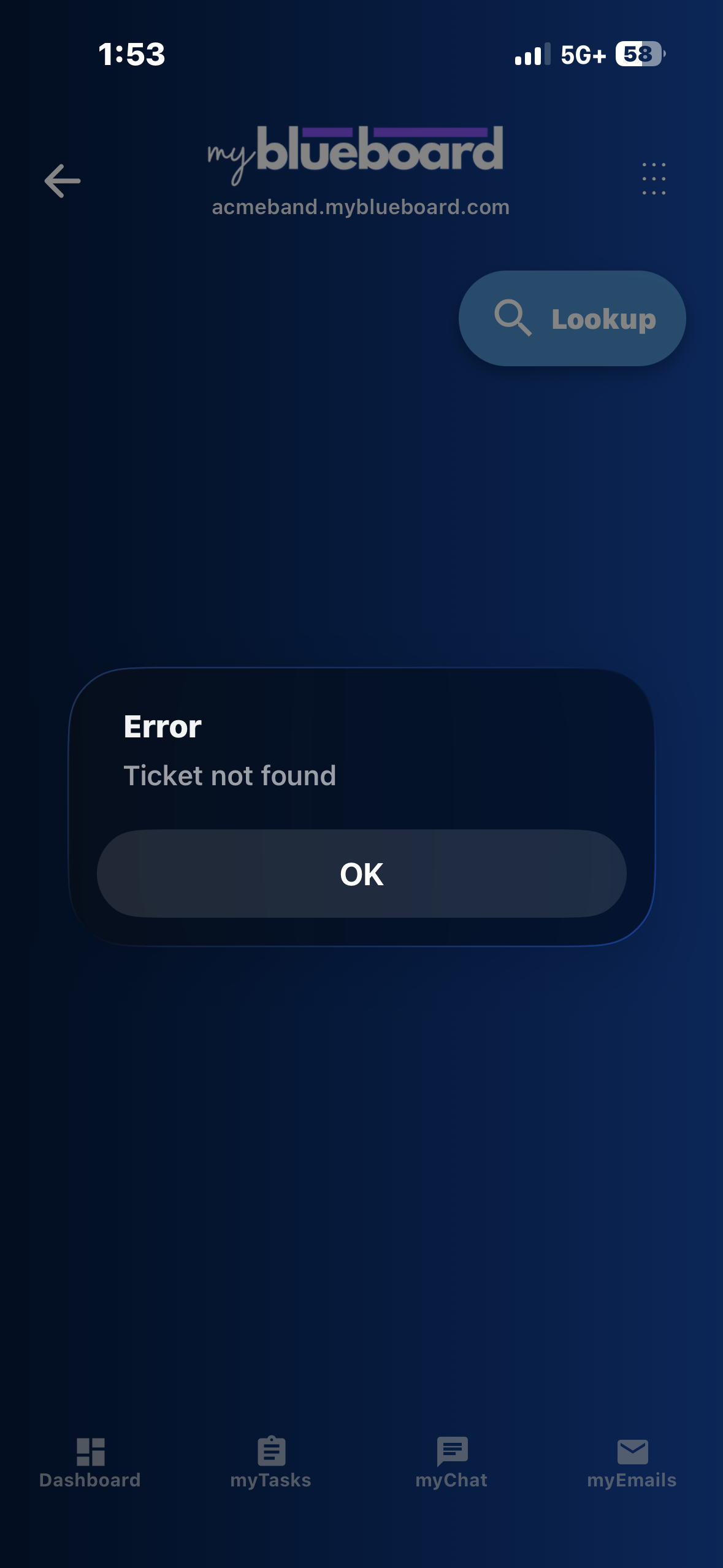 An Error dialog in the scanner reading "Ticket not found" with an OK button