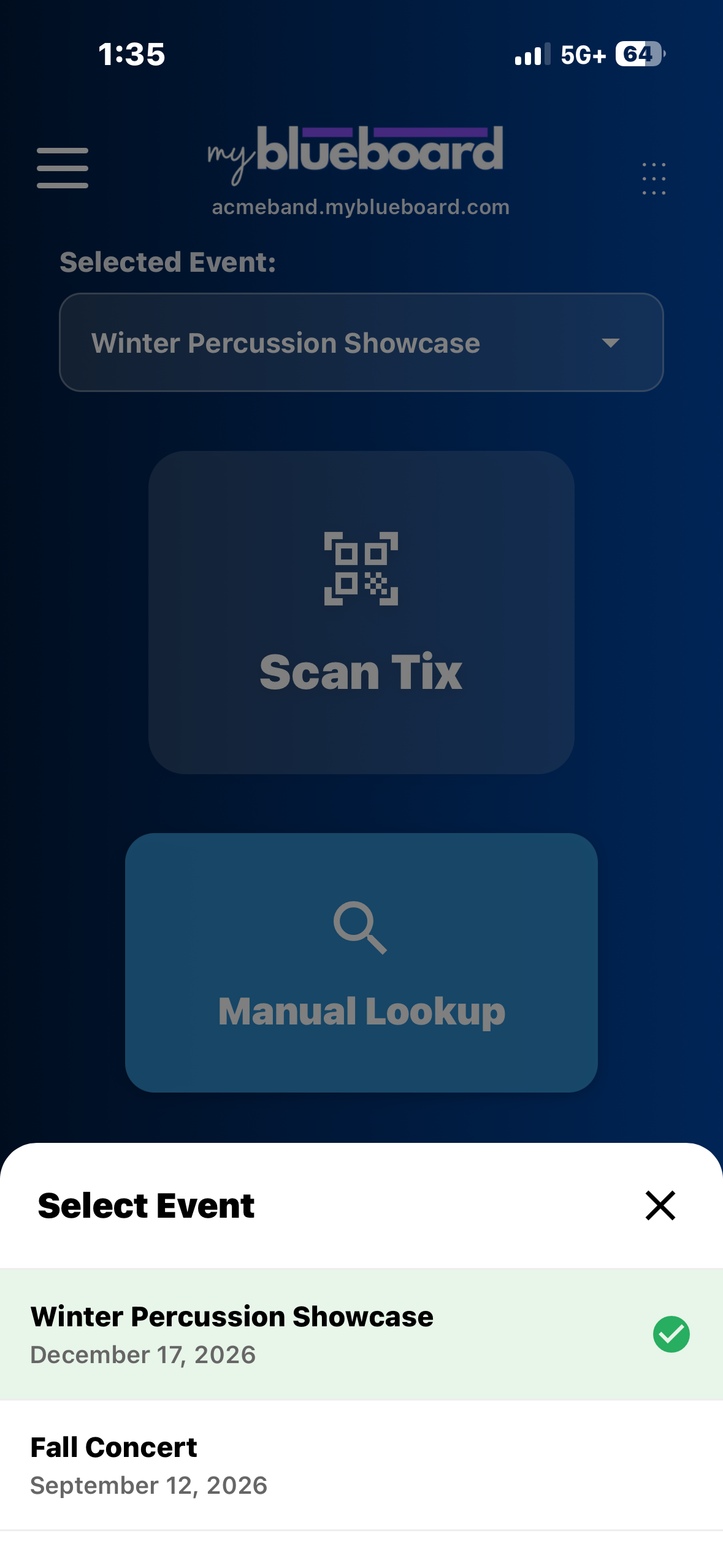The scanner home screen with a Selected Event dropdown, large Scan Tix and Manual Lookup buttons, and a Select Event sheet listing two events with the current one ticked