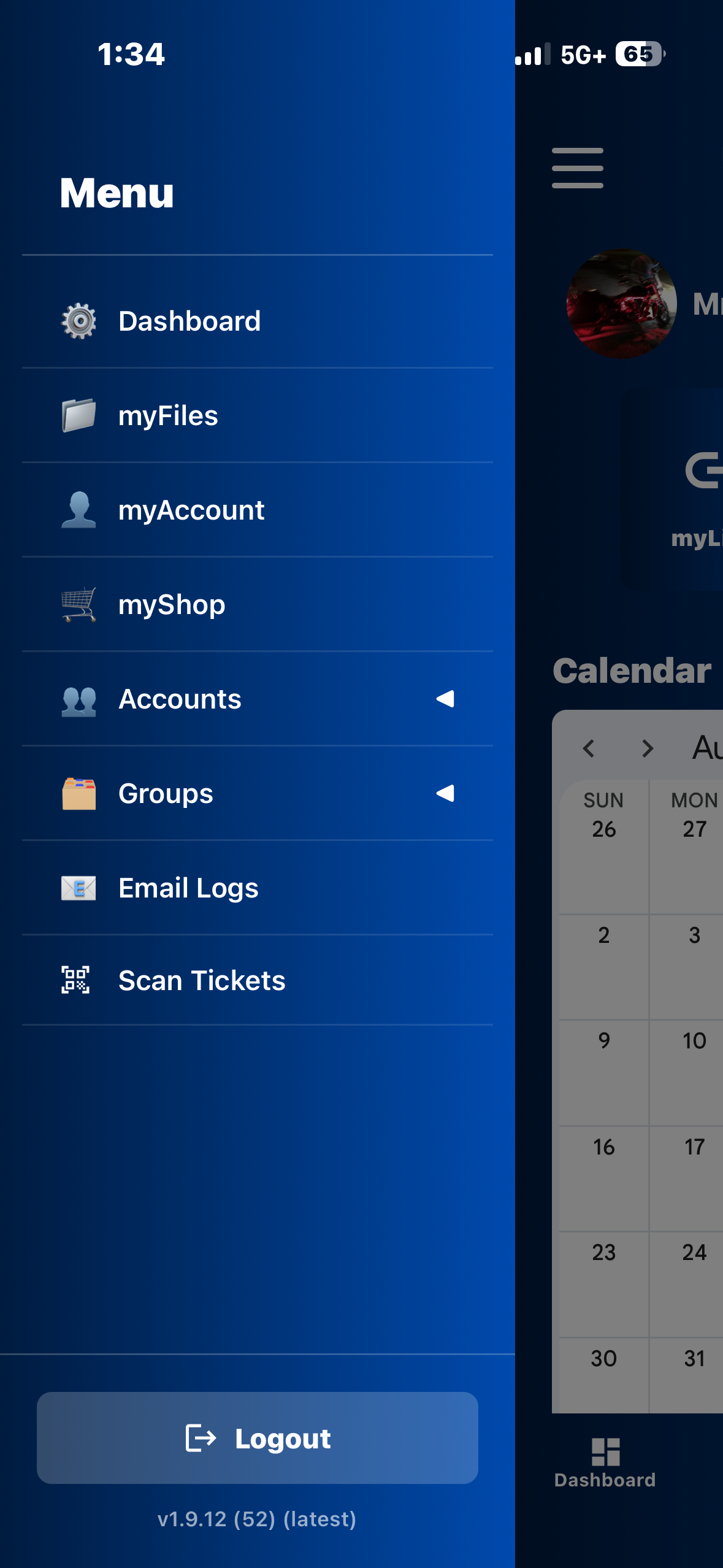 The myblueboard mobile app side menu showing Dashboard, myFiles, myAccount, myShop, Accounts, Groups, Email Logs and Scan Tickets
