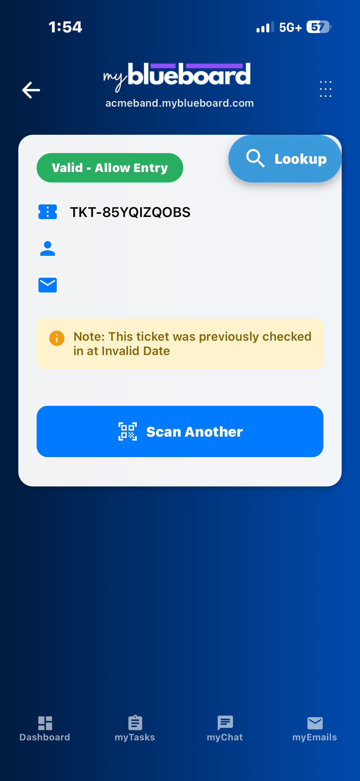 A scan result showing a green "Valid - Allow Entry" badge with a yellow note reading "This ticket was previously checked in at Invalid Date"