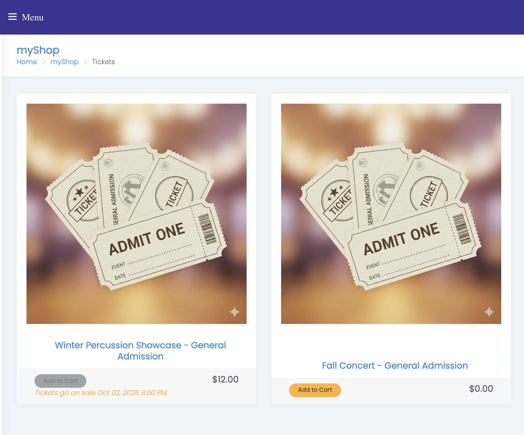 The myShop Tickets category showing two ticket products side by side, one with an active Add to Cart button and one greyed out with "Tickets go on sale Oct 02, 2026 8:00 PM"