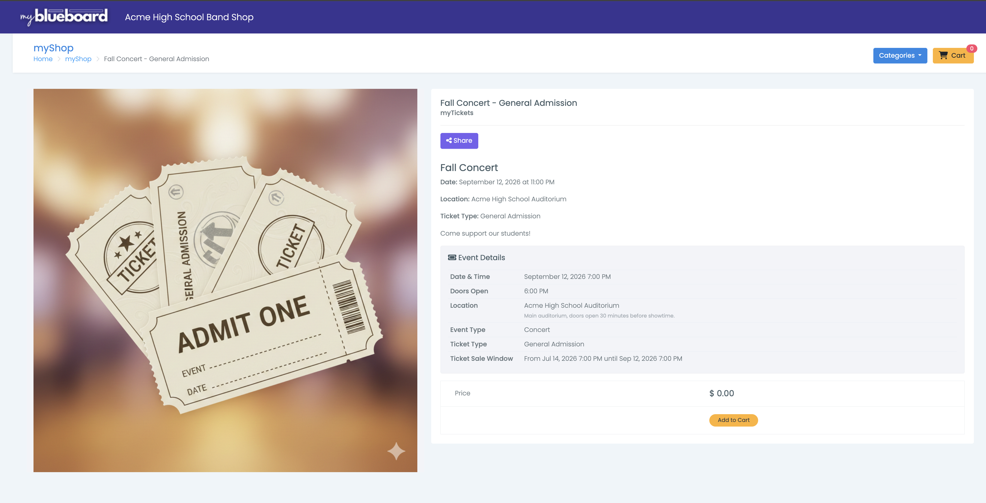 A ticket product page in myShop with an Event Details panel listing Date & Time, Doors Open, Location, Event Type, Ticket Type and Ticket Sale Window, above the price and Add to Cart button