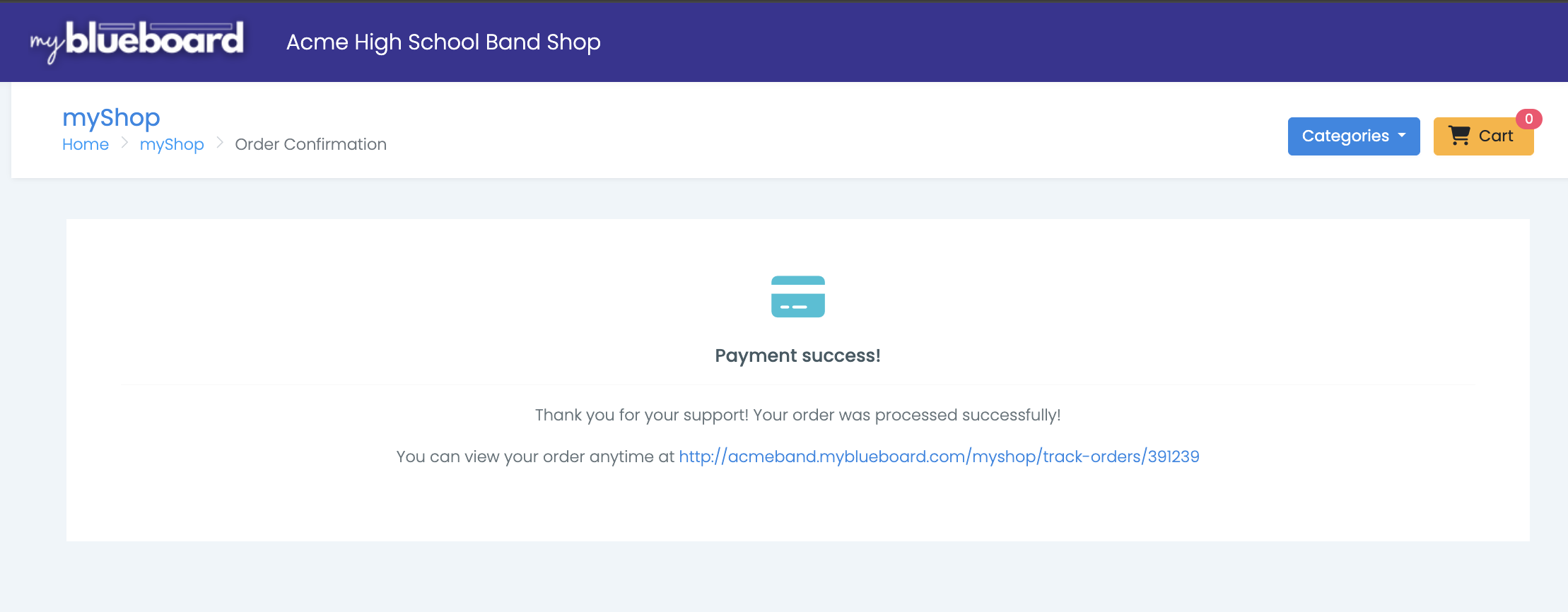 The myShop order confirmation page reading "Payment success!" with a link to view the order at a track-orders address