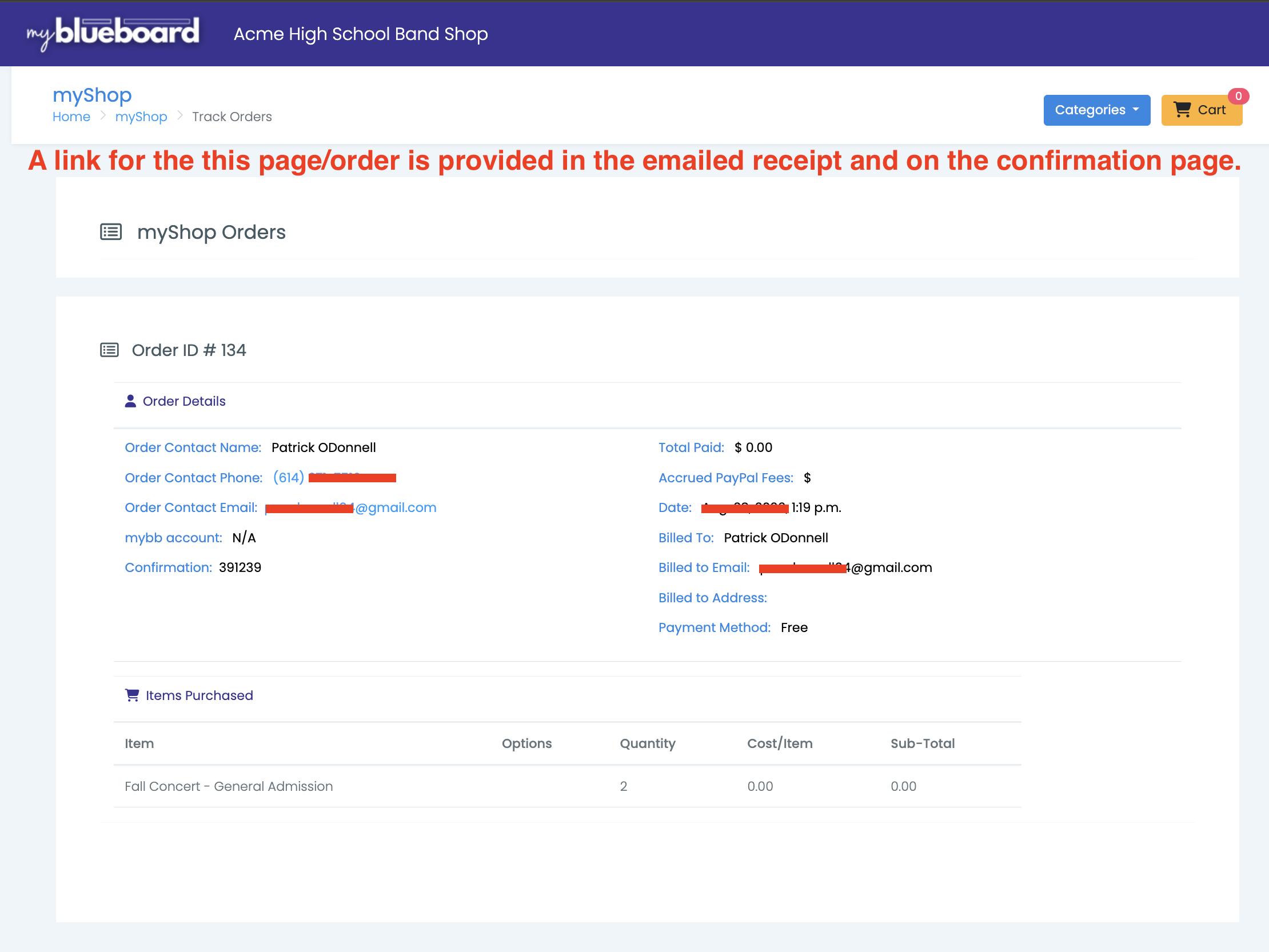 The myShop Track Orders page for an order, showing Order Details with contact and billing information and an Items Purchased table listing Fall Concert - General Admission, quantity 2