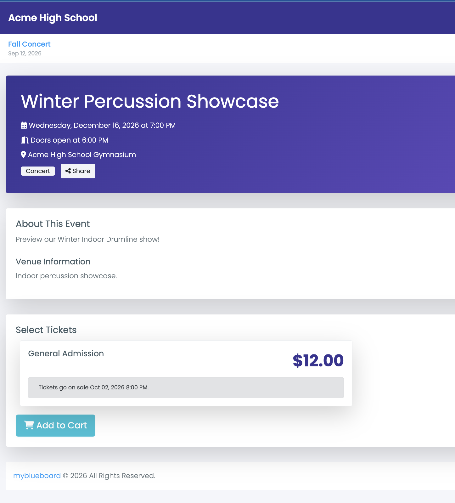 The public event page for Winter Percussion Showcase showing the date, doors open time and location, an About This Event section, and a Select Tickets panel with General Admission at $12.00