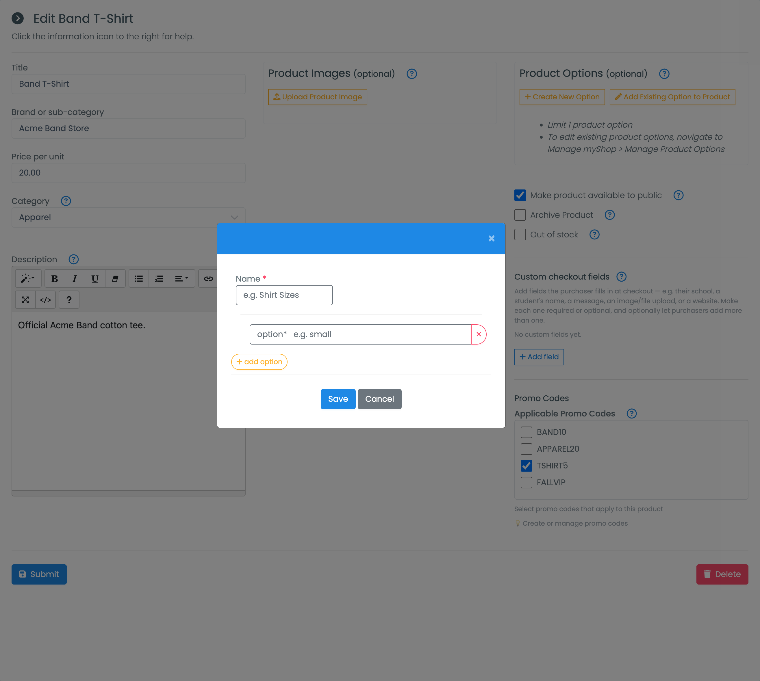 The product edit page with the Create New Option dialog open, showing the option Name field and an add option button
