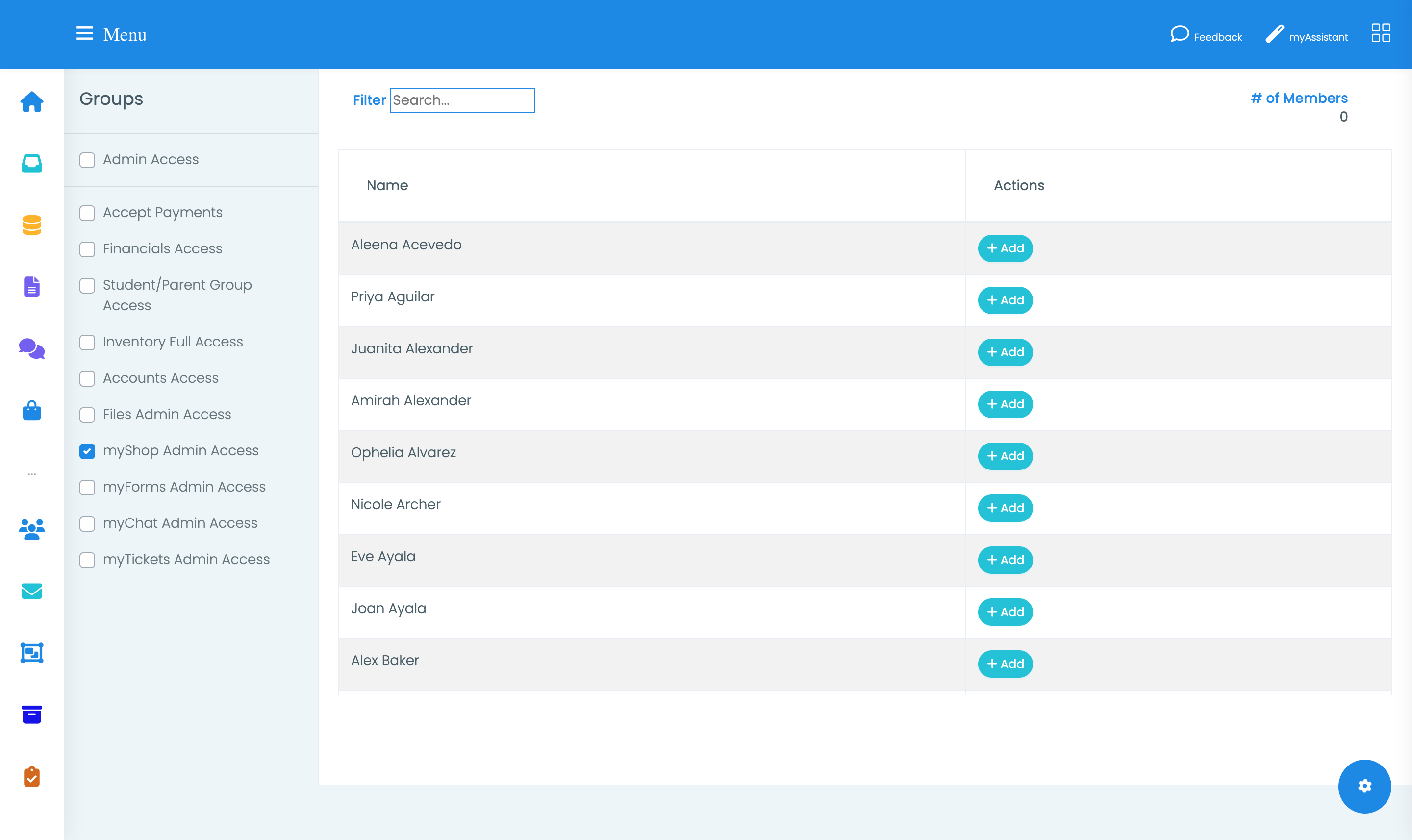 The Elevated Access screen with the myShop Admin Access box checked and a list of members with Add buttons