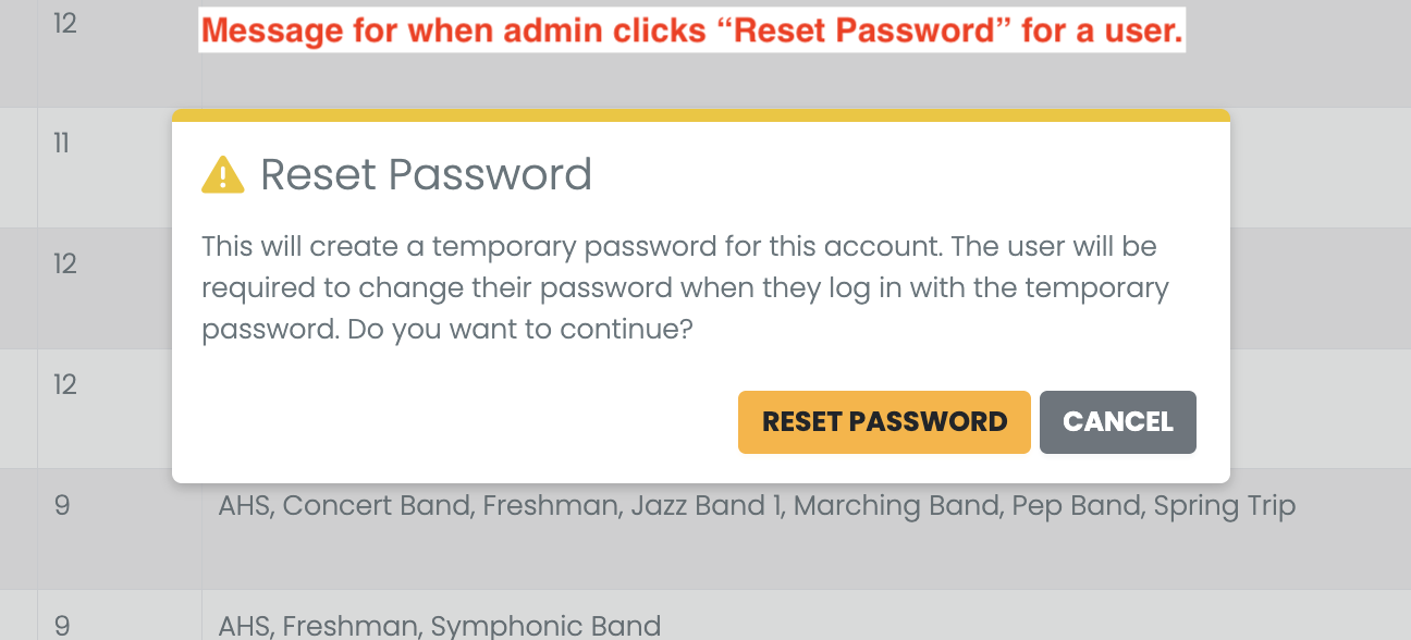 The Reset Password confirmation message explains that a temporary password will be created and the user must change it after signing in