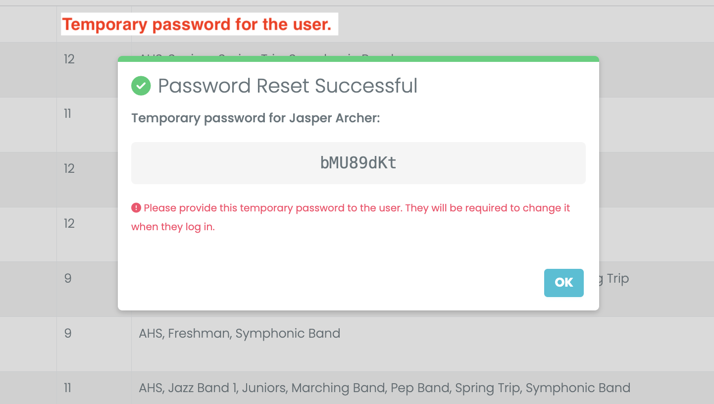 The Password Reset Successful message displays the temporary password for the selected user
