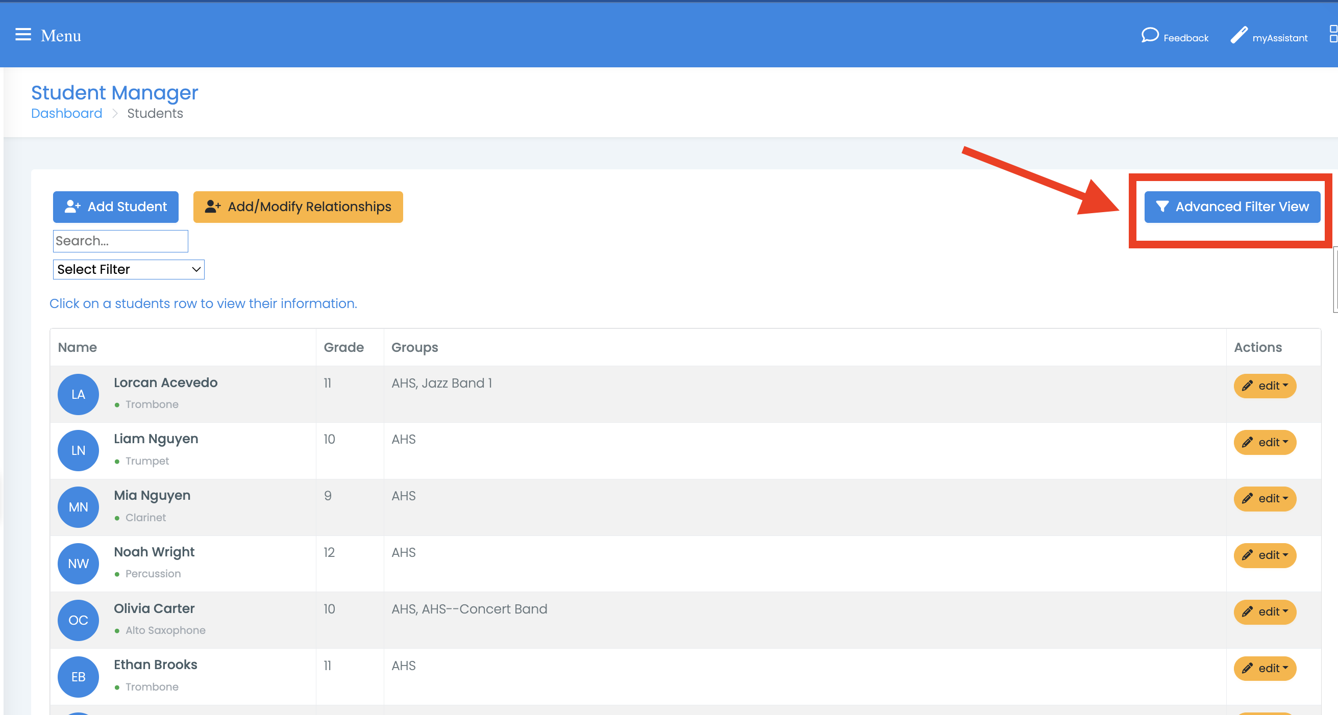 The Student Manager page with the blue Advanced Filter View button highlighted at the top right, above the student list